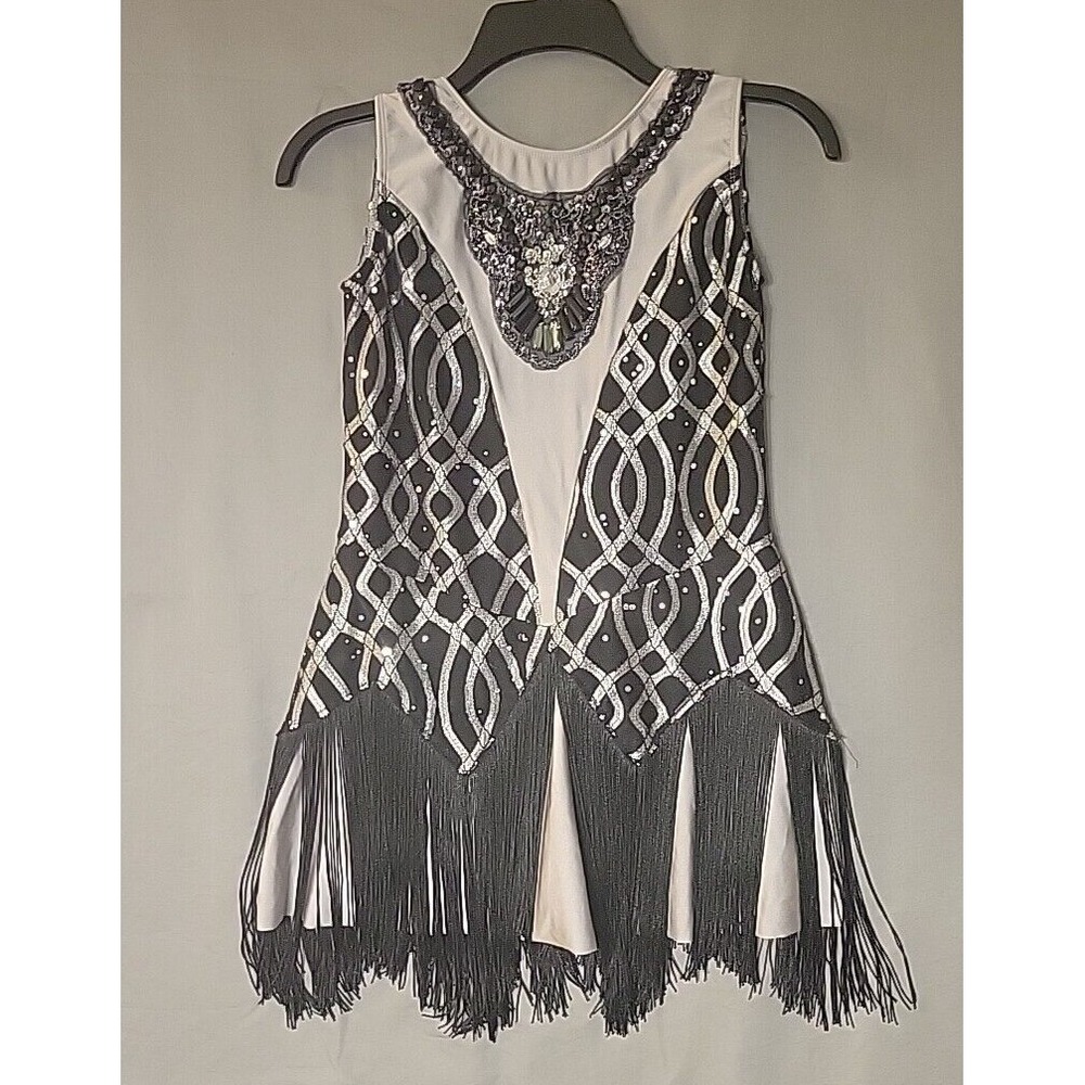Revolution Dancewear Womens Sz XLC Style RC18620 Black Grey Leotard Bling Fringe